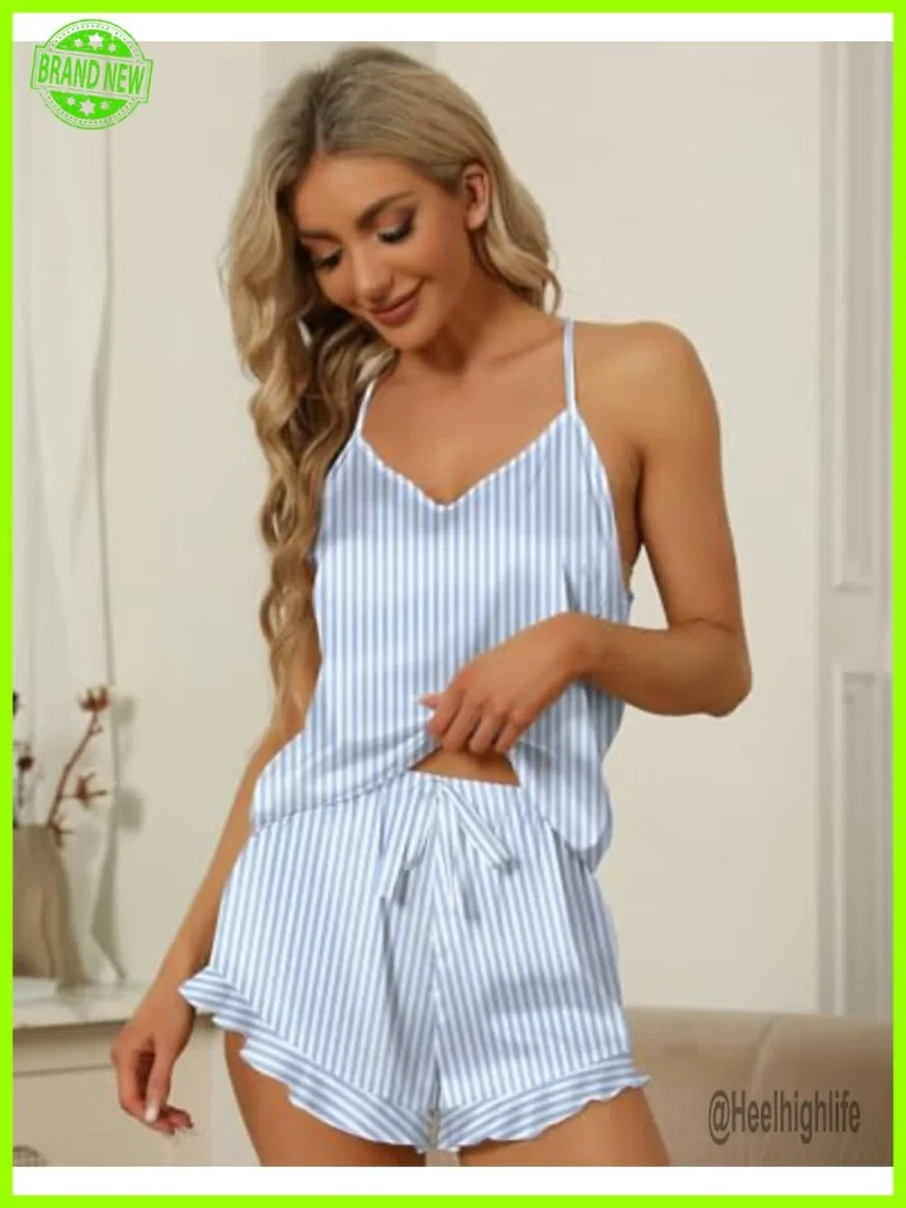 Satin Pajama Set 4Pc Ruffled Cami Shorts Button Down Short Sleeve